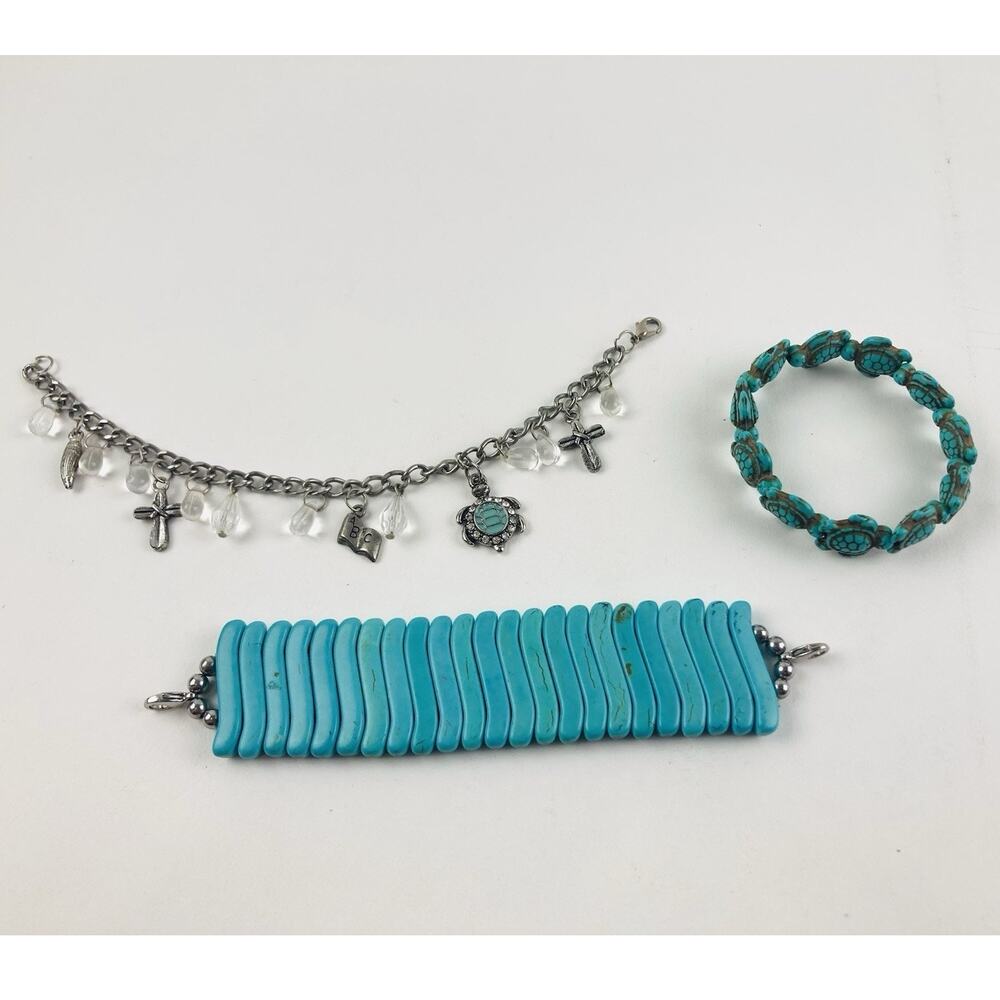 3 Turquoise Hawaii Sea Turtle Bracelets Kemps Ridley Charm Silver Stretch Cross